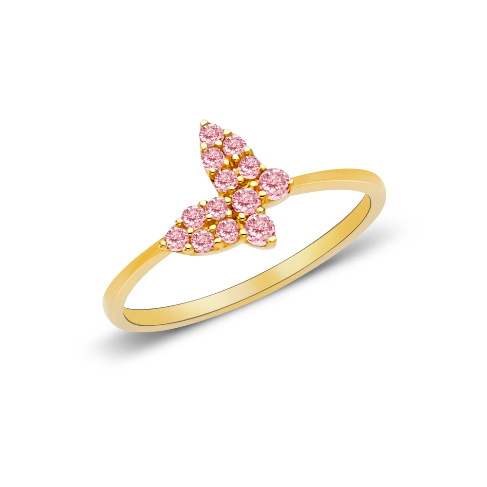 Ioka Jewelry - 14K Yellow Solid Gold Fancy Pink Butterfly Cubic Zirconia CZ Ring