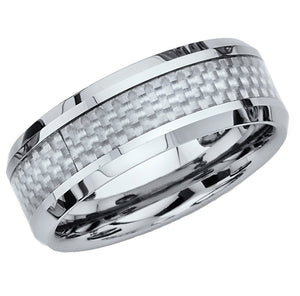 Ioka Jewelry - Tungsten White Carbon Fiber (CF) Inlay 8MM Engagement Wedding Ring Band - Unisex